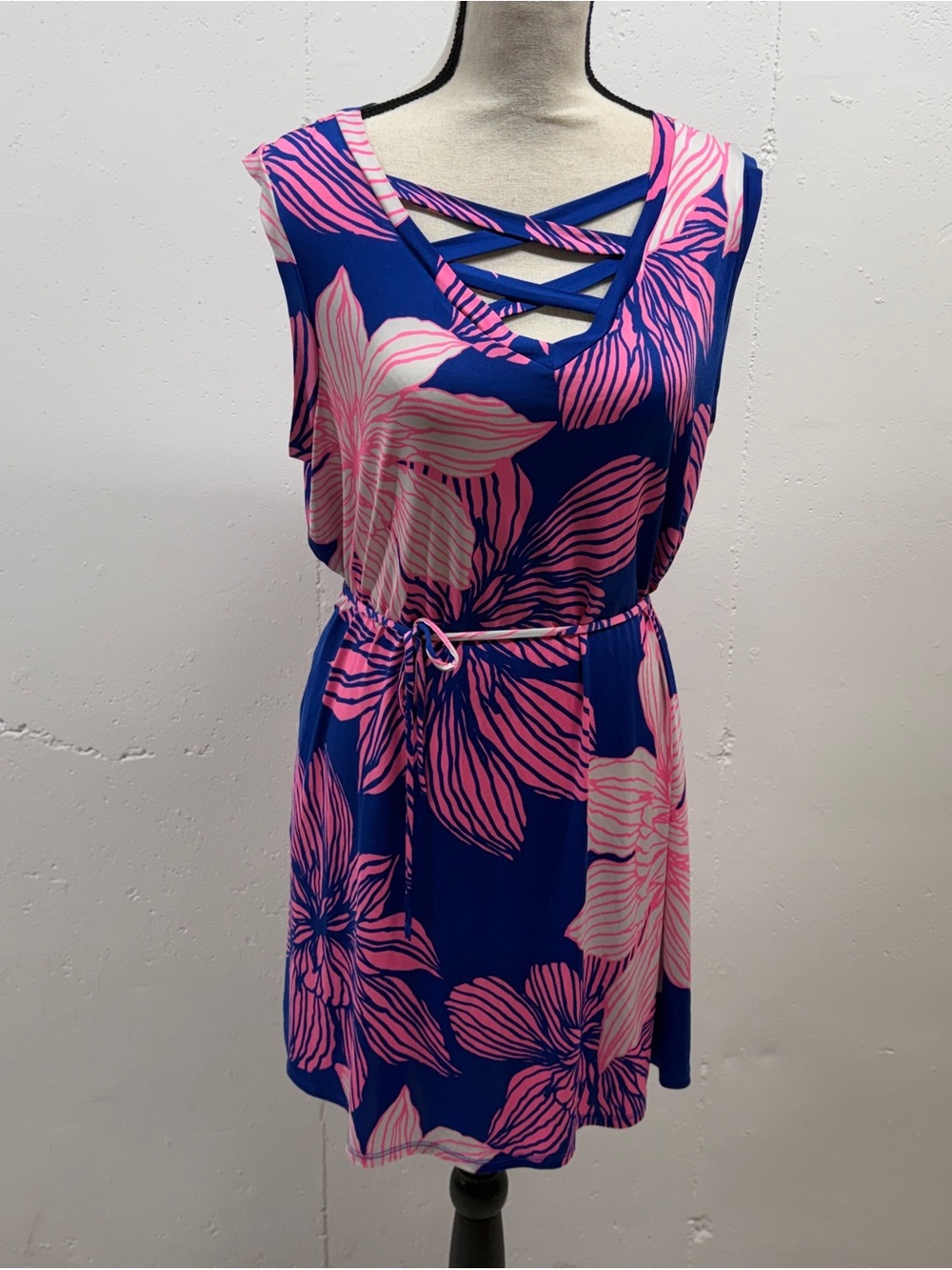 Sleeveless Blue & Pink Floral Crisscross  neckline Dress. By Sew n Love